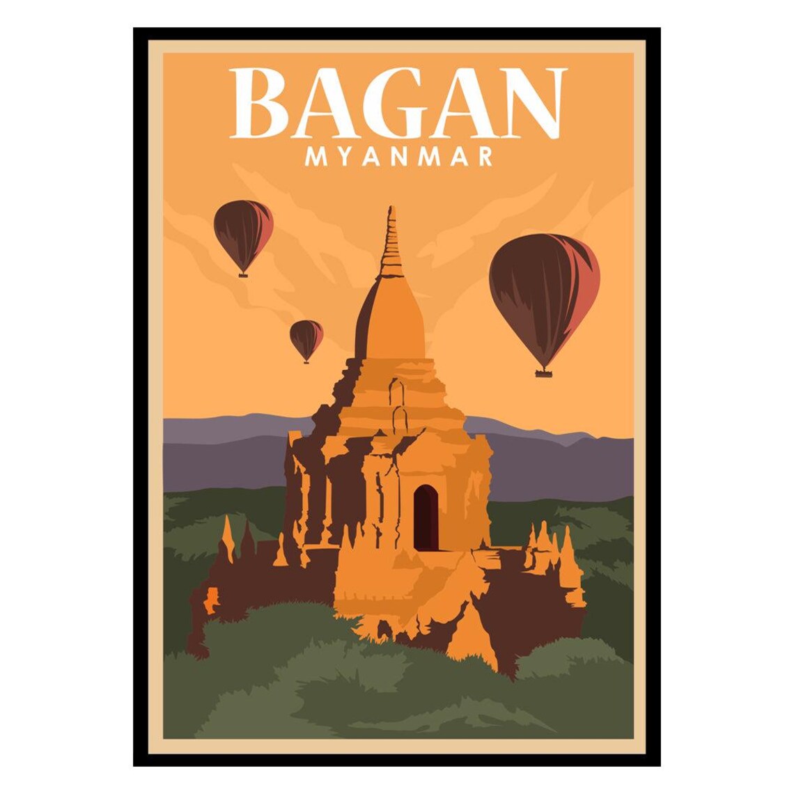 Bagan Myanmar Temple Hot Air Balloons Vintage Travel Poster Sunset