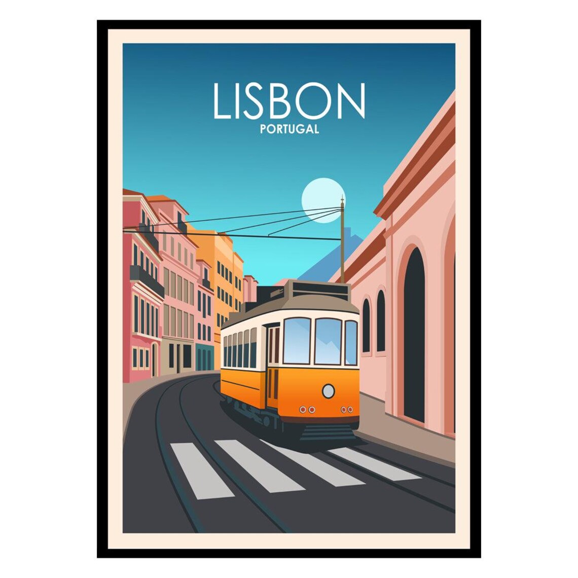 Lisbon Portugal Vintage Travel Poster Yellow Tram Street Scene Art