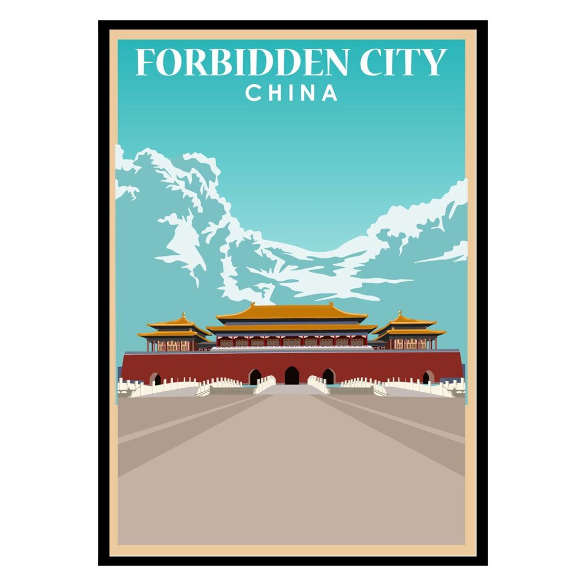Forbidden City China Vintage Travel Poster Red Gate Golden Roofs Scene