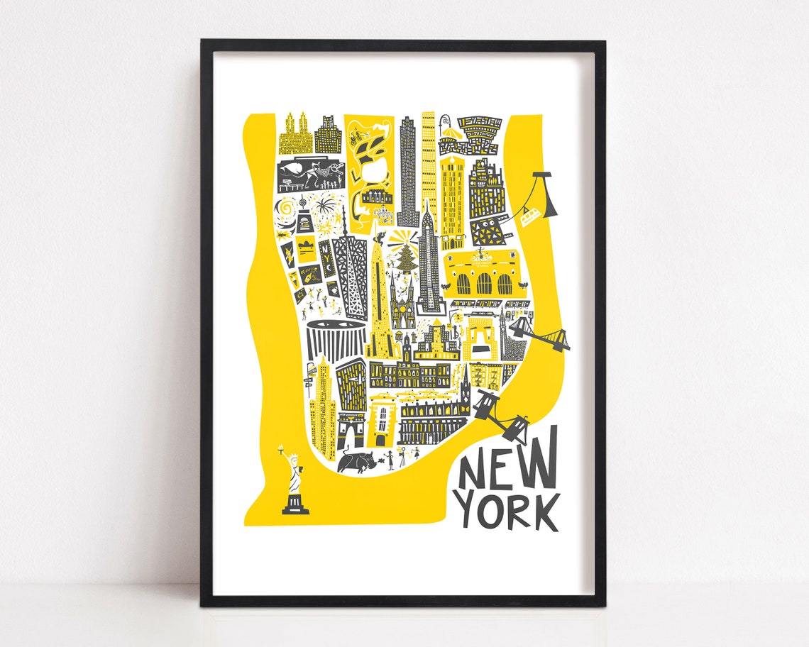New York Illustrated Map Poster, Manhattan Landmarks