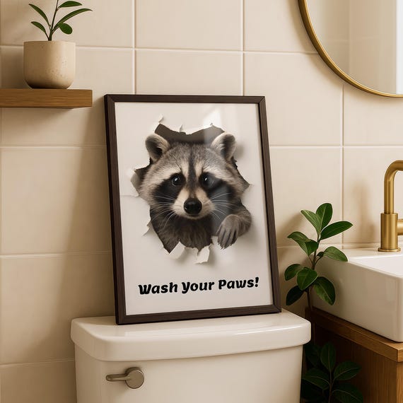 Raccoon Wash Your Paws Bathroom Poster Funny Animal Art