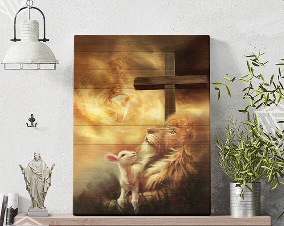 Lion And Lamb Resting Under Wooden Cross At Golden Sunset Poster