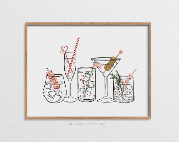 Bar Cart Print Valentines Day Cocktail Art Cute Drinks Wall Art Print Wall Art Valentines Day Print Happy Hour Drinks Print