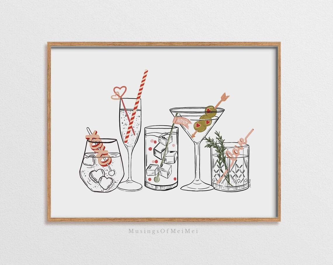 XOXO Valentine Cocktails Five Martini Glasses Bar Cart Party Art Poster