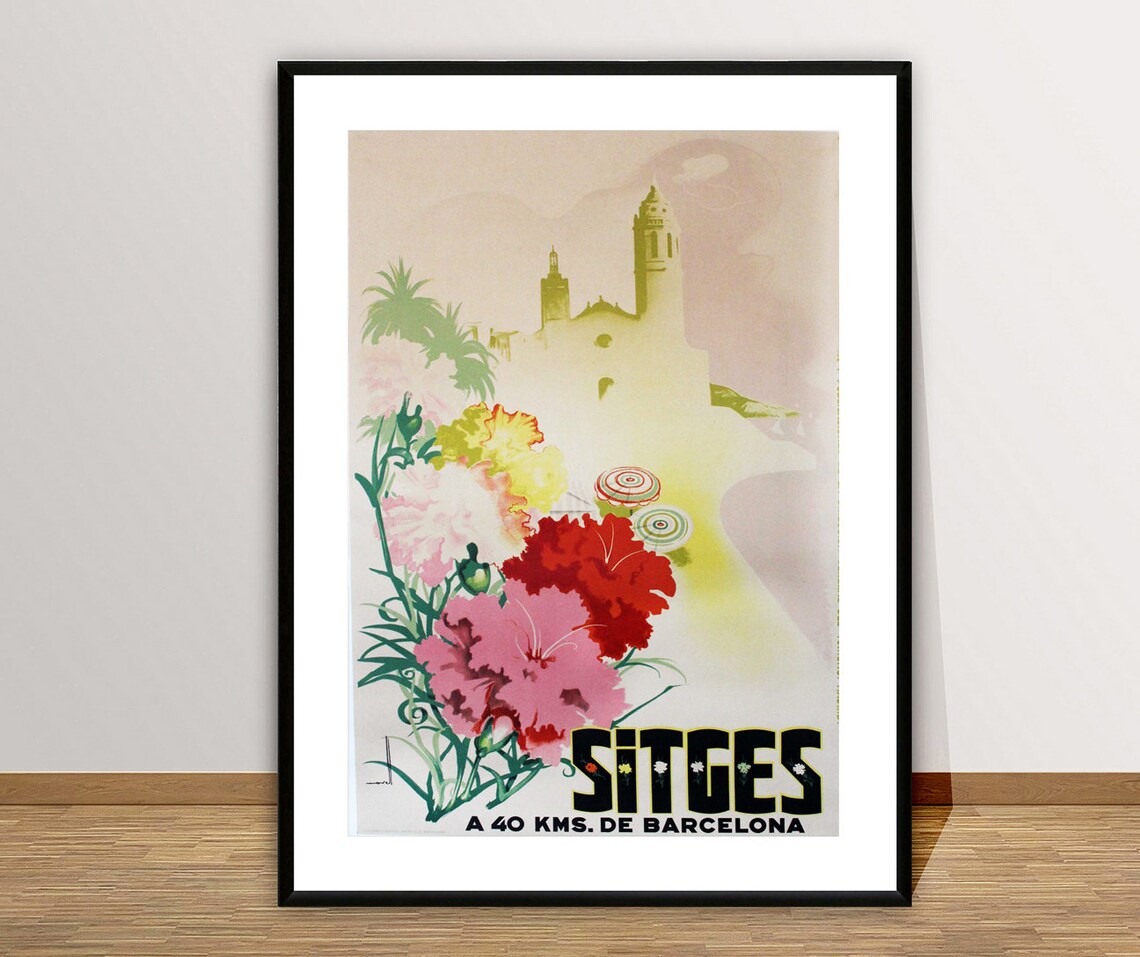 Sitges Barcelona Spain Vintage Floral Coast Church Travel Poster