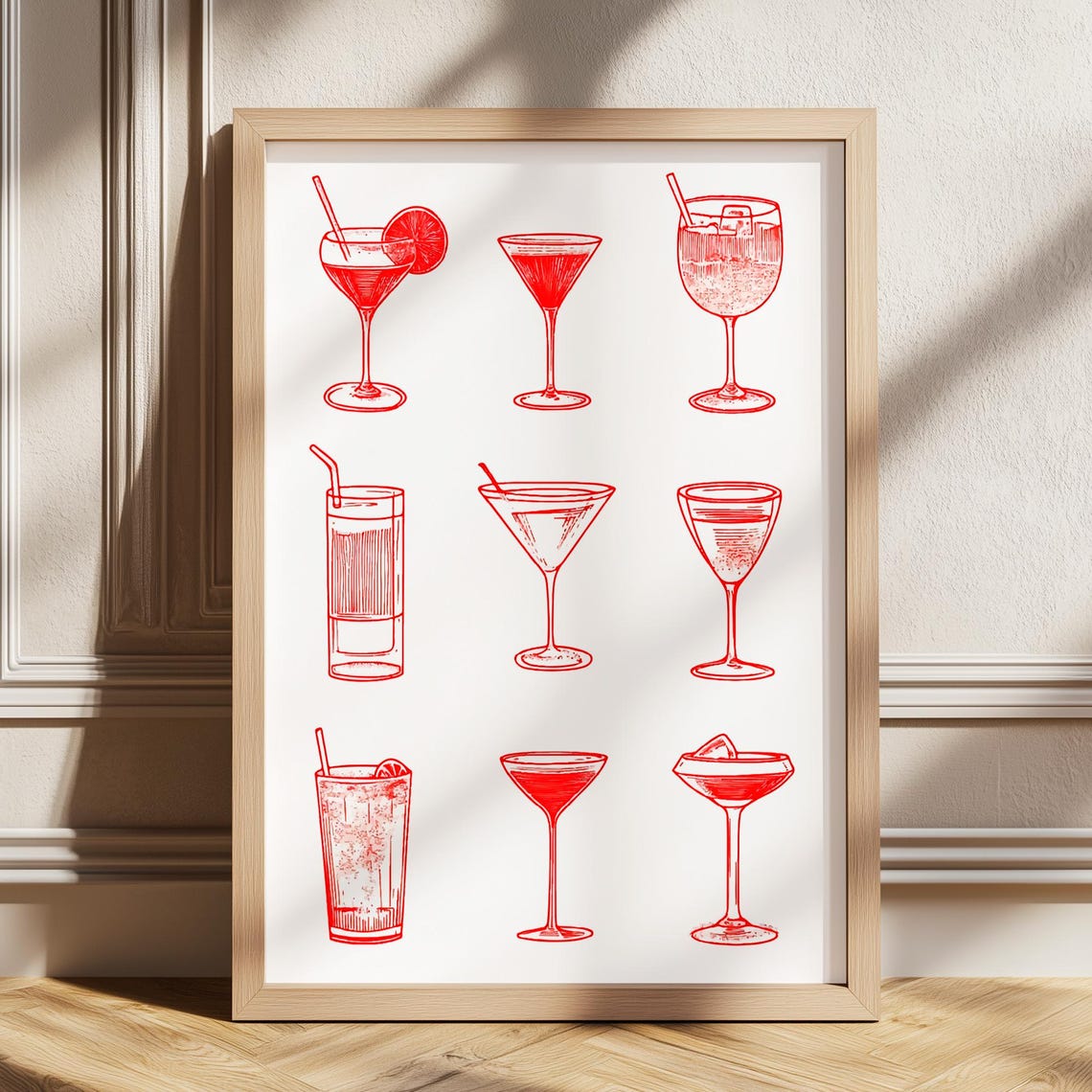 Red Cocktail Glasses Collection Bar Cart Poster Martini Line Art