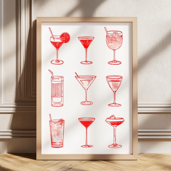 Red Cocktail Glasses Collection Bar Cart Poster Martini Line Art