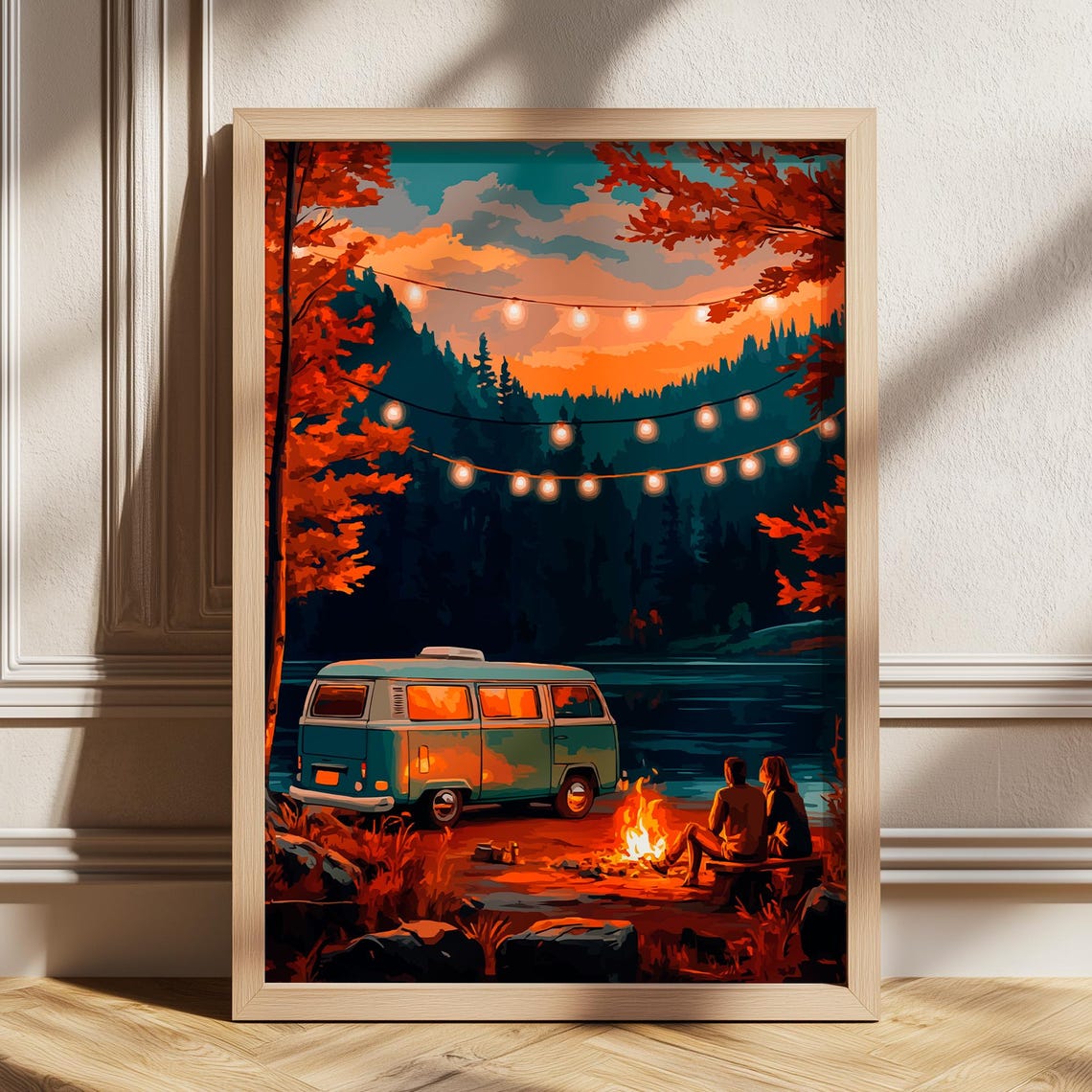 Retro Camper Van Lakeside Campfire Sunset Camping Poster Art