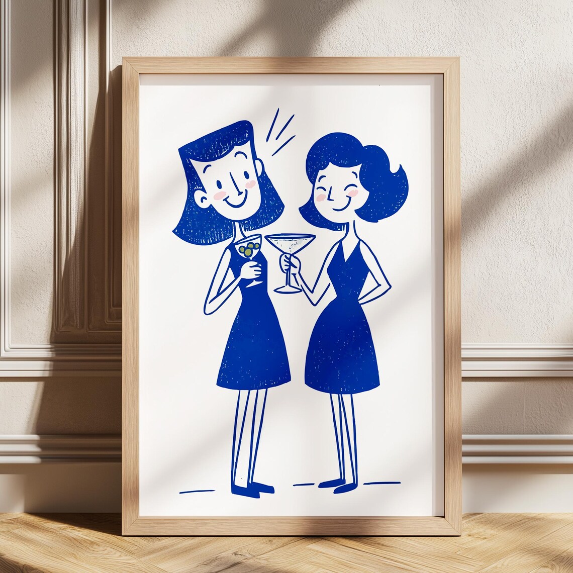 Retro Cocktail Ladies Toasting Midcentury Blue Bar Decor Poster