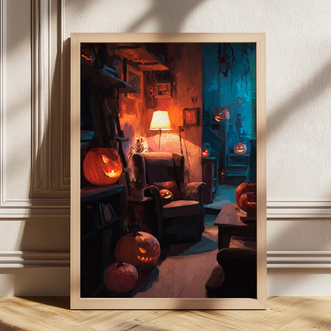 Cozy Halloween Living Room Glowing Jack O Lanterns Autumn Poster