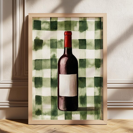 Red Wine Bottle on Green Gingham Watercolor French Kitchen Poster