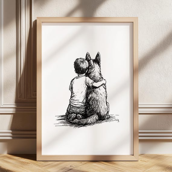 Boy And German Shepherd Retro Nursery Art Print