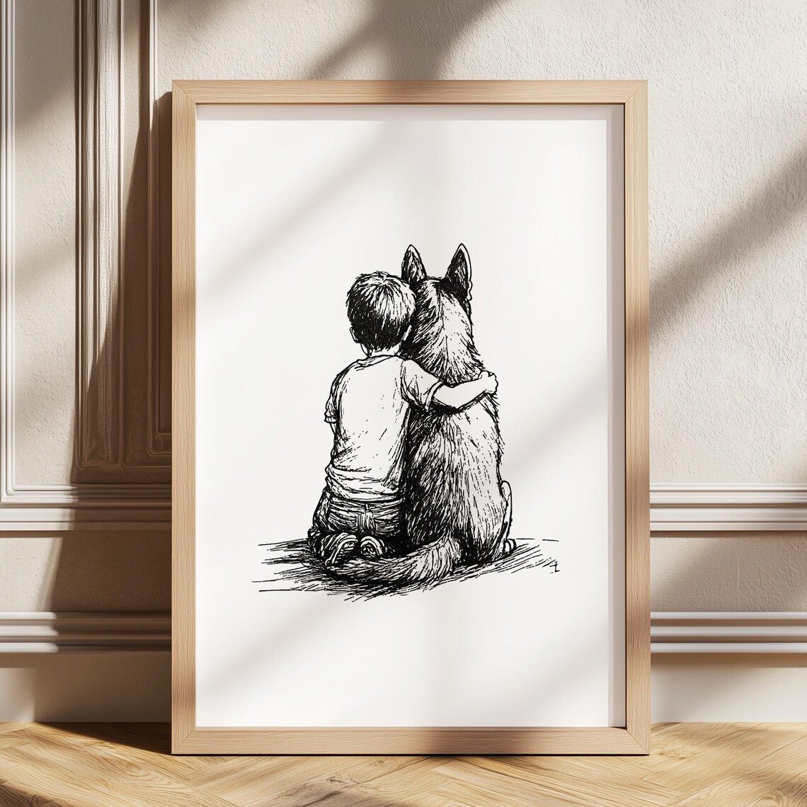 Boy And German Shepherd Retro Nursery Art Print