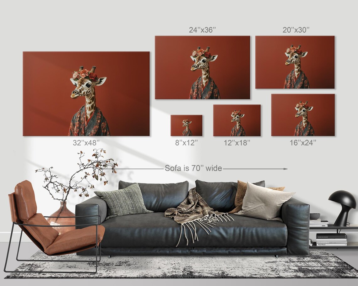 Giraffe Fashionista Portrait Floral Crown Kimono Robe Terracotta Poster - Image 3