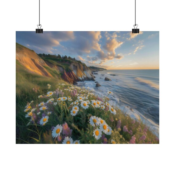 Golden Sunset Coastal Cliffs Ocean Waves White Daisies Poster