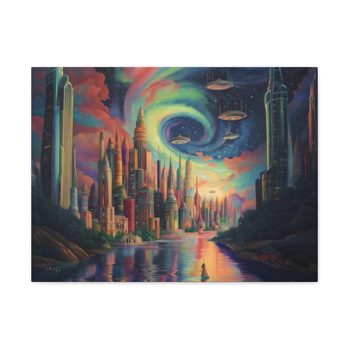 Futuristic City River UFO Invasion Aurora Night Sky Sci Fi Poster - Image 3