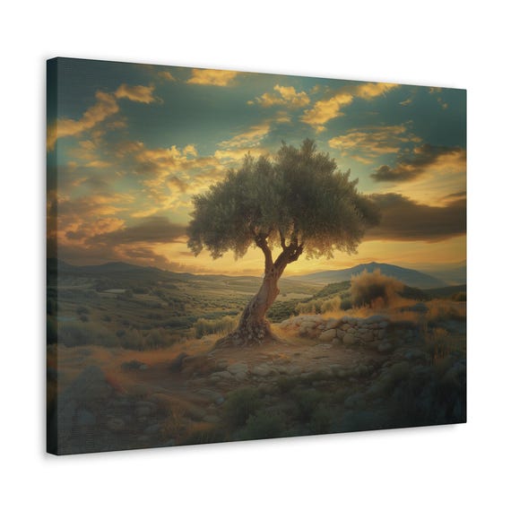 Olive Tree Mediterranean Sunset Print Evening Landscape Modern Painting Fantasy Nature Rustic Wall Print Airbnb Art Wall Decor
