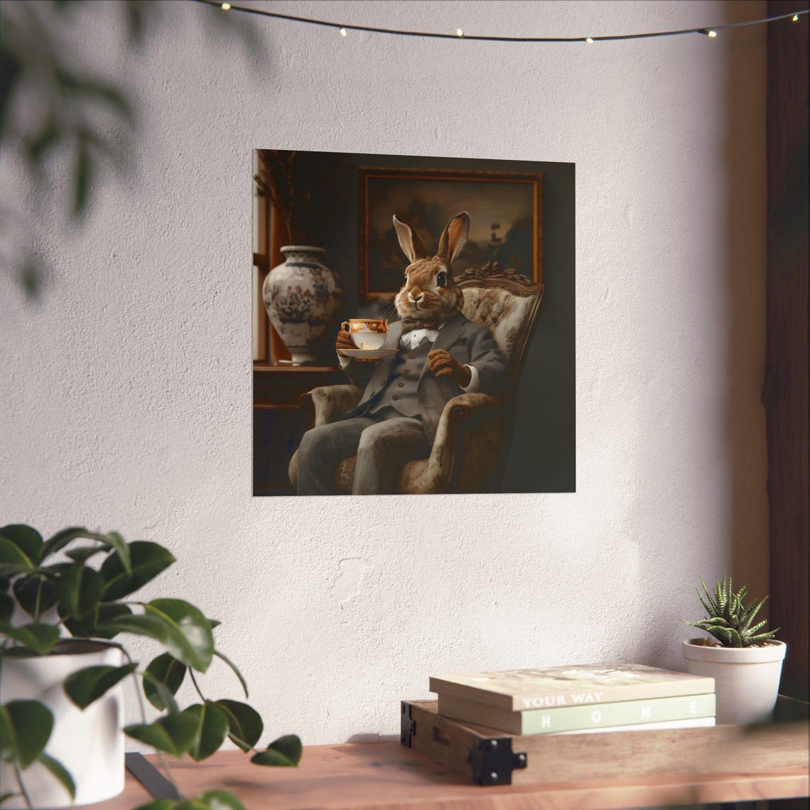 Dapper Rabbit in Suit Sipping Tea Vintage Style Animal Poster - Image 3