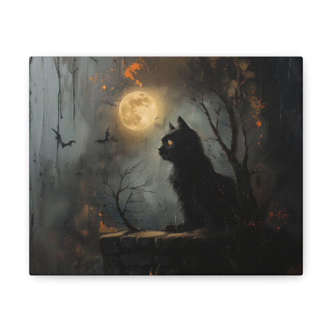 Spooky Black Cat With Glowing Eyes Under Full Moon at Night Poster - Image 2