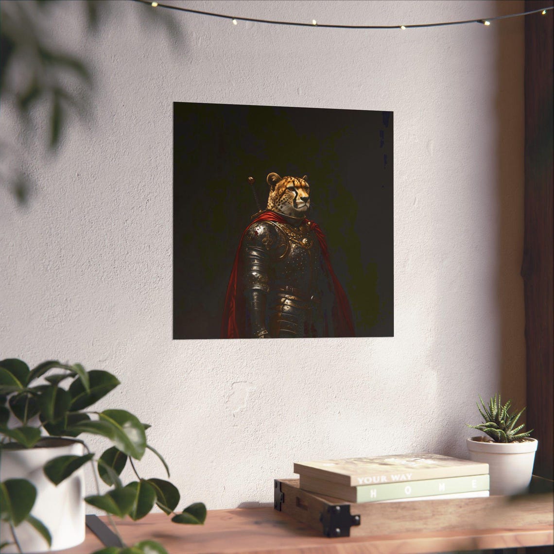 Cheetah Knight In Black Armor With Red Cape Dark Medieval Poster