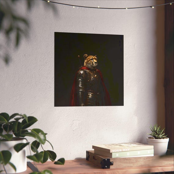 Maximalist Eclectic Medieval Noble Cheetah Knight Poster Print Bold Altered Animal Portrait Fantasy Fun Colorful Renaissance Rustic Art