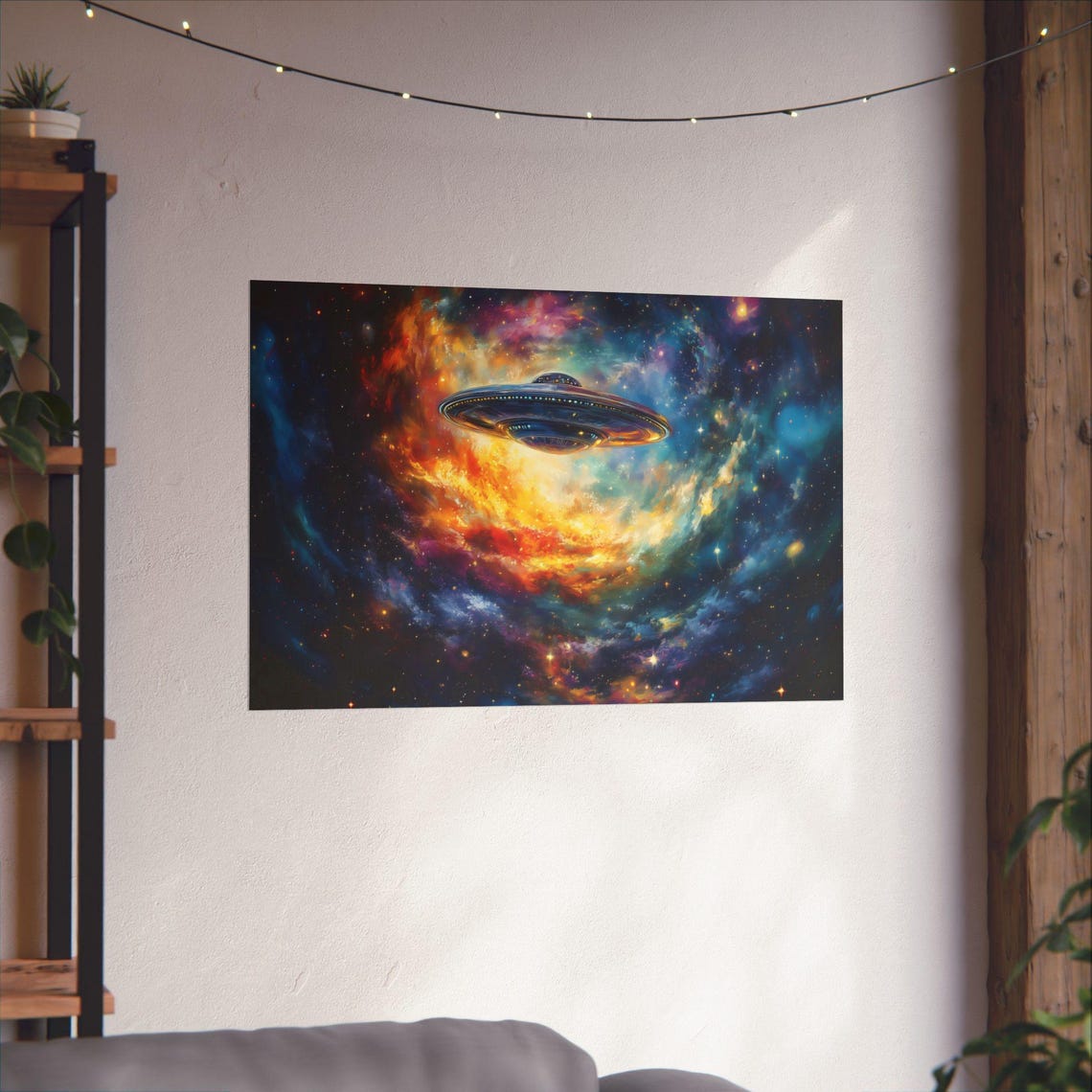 Flying Saucer Over Fiery Nebula Deep Space Cosmic UFO Art Poster - Image 2