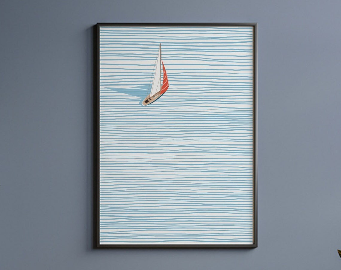 Aerial Sailboat On Striped Blue Sea Minimalist Modern Ocean Art Poster