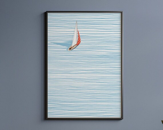 Aerial Sailboat On Striped Blue Sea Minimalist Modern Ocean Art Poster