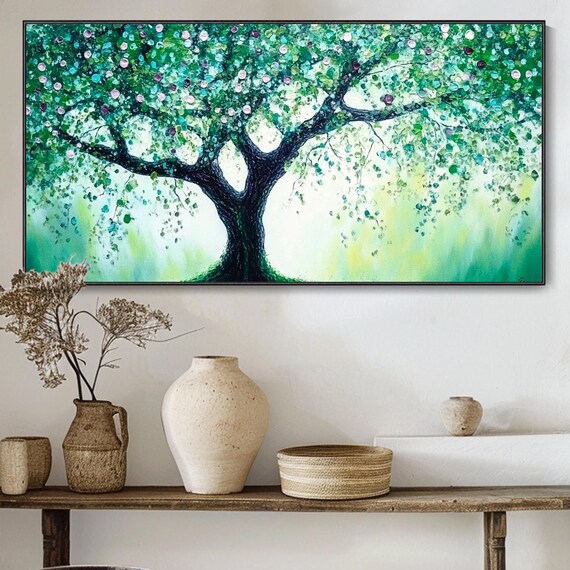 Vibrant Green Tree Original Art Thick Texture 3d Oil Painting Large Living Room Wall Decor Modern Knife Painting Indoor Plant Decor Creative