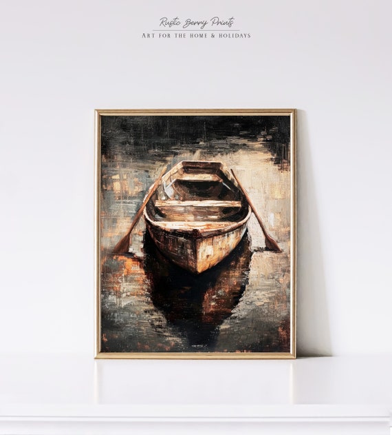 Boat On Water Oil Painting Wall Art Vintage Dark Aesthetic Rustic