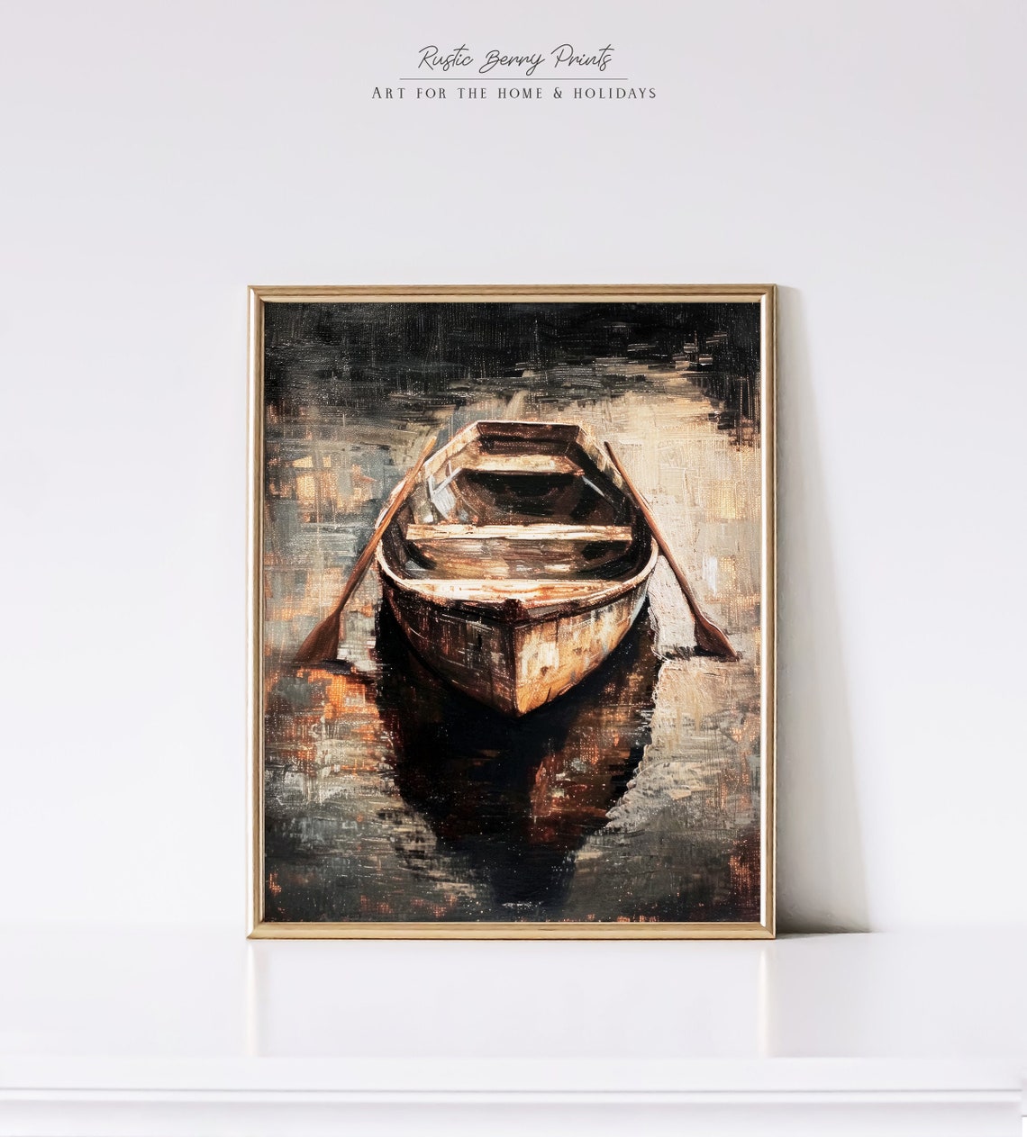 Boat On Water Oil Painting Wall Art Vintage Dark Aesthetic Rustic