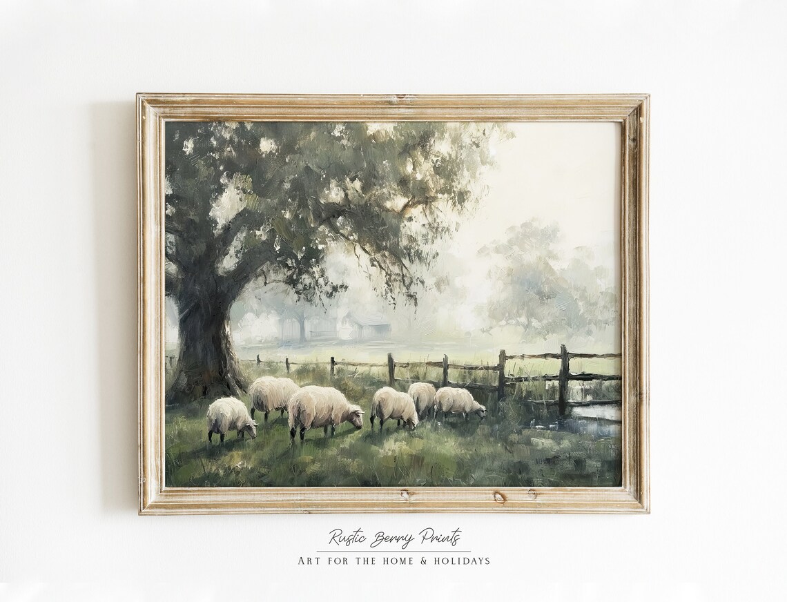 Sheep Grazing Misty Green Pasture Farm Fence Vintage Art Poster
