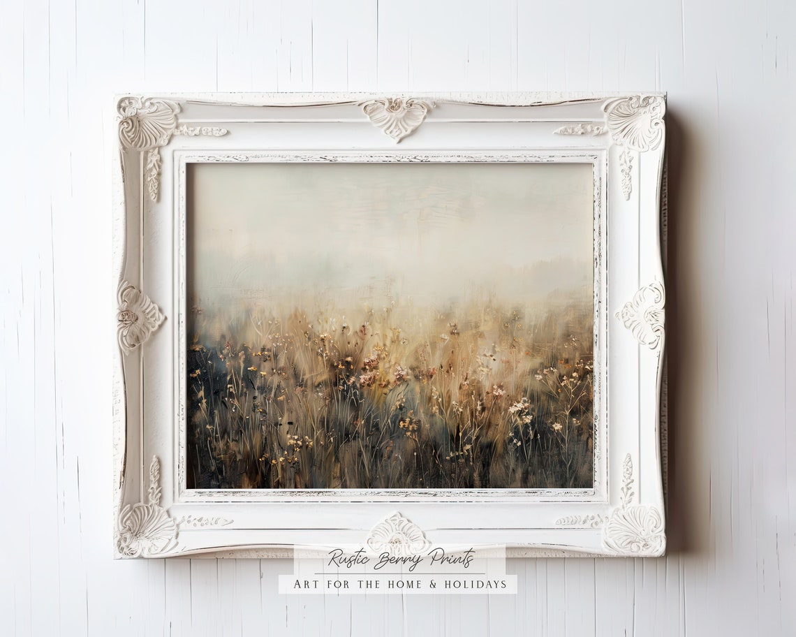 Golden Neutral Wildflower Field In Soft Haze Calm Rustic Wall Poster - Image 2