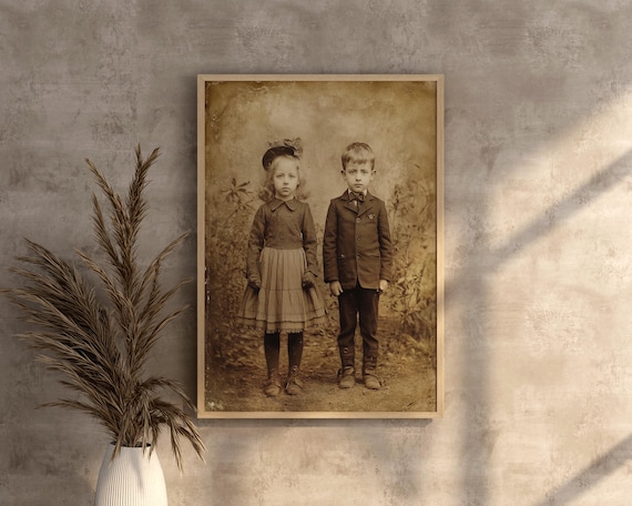 Sepia Vintage Children Portrait Antique Victorian Kids Photo Nostalgic Old Photograph Classic Gothic Wall Art