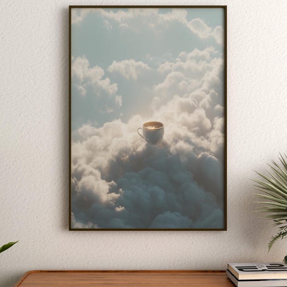 Coffee In The Clouds Wall Art Dreamy Minimal Print Surreal Sky Poster Modern Neutral Home Decor Cozy Lover Gift