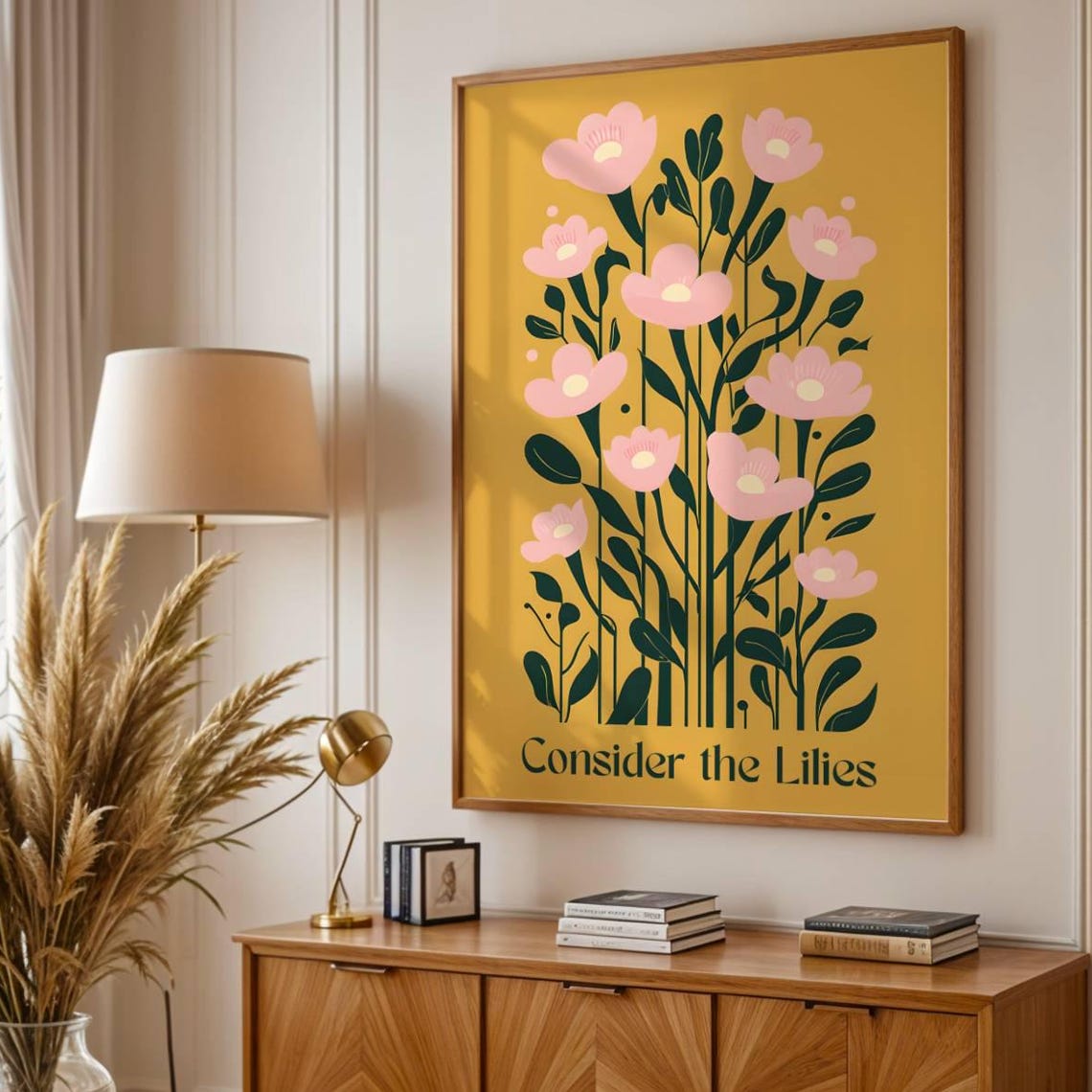 Consider the Lilies Pink Blossoms Mustard Yellow Floral Art Poster