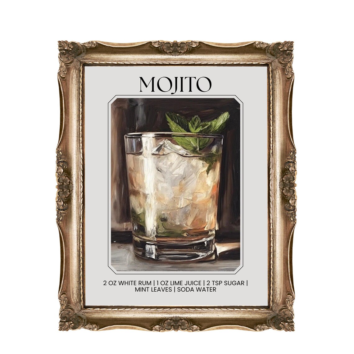 Mojito Cocktail Recipe Mint Lime Classic Bar Cart Kitchen Poster