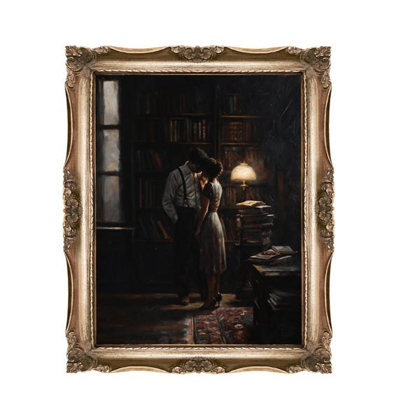 Romantic Couple Wall Art Dark Academia Moody Library Kiss Fine Print Vintage Lovers Home Decor