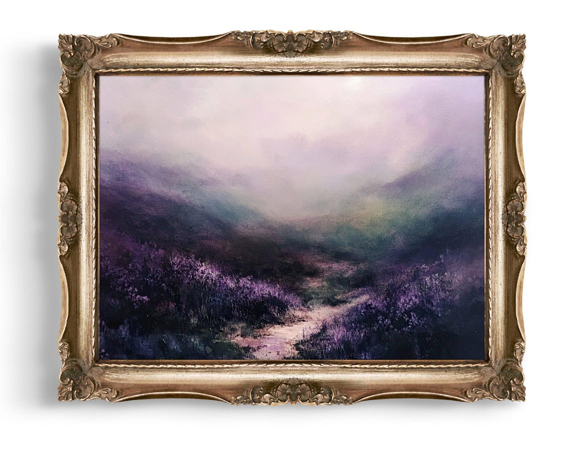 Purple Heather Moorland Impressionist Landscape Misty Hills Poster