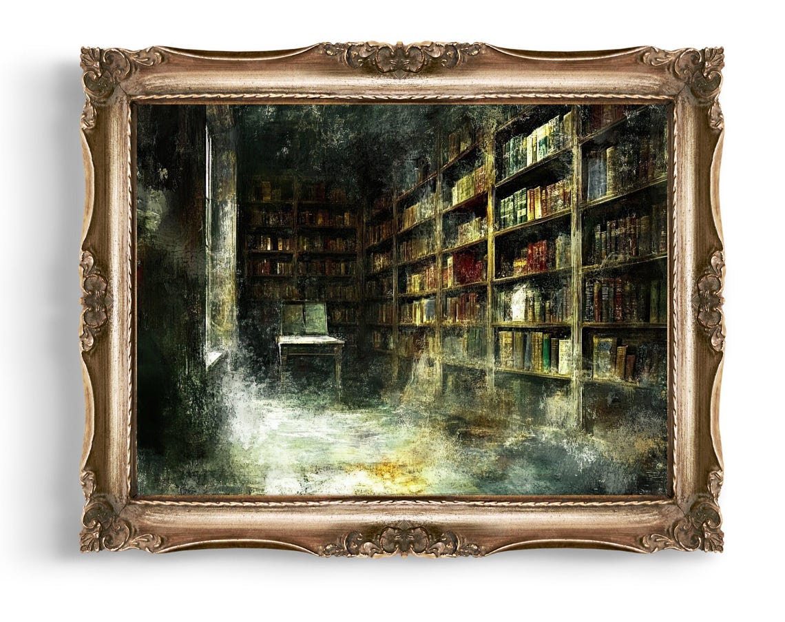 Vintage Style Library Wall Art Creepy Bookshelf Decor Dark Academia Print Gothic Home Instant