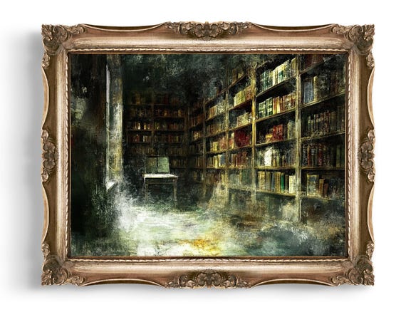 Vintage Style Library Wall Art Creepy Bookshelf Decor Dark Academia Print Gothic Home Instant