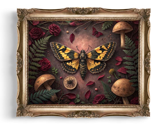 Moth Wall Art Dark Academia Print Botanical Decor Vintage Insect Mushroom Nature