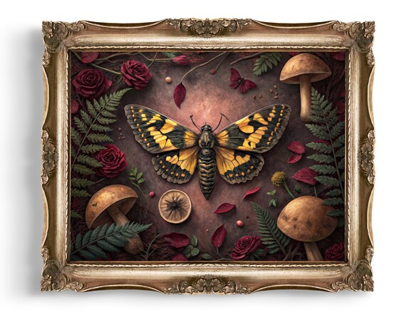 Yellow Black Moth Roses Mushrooms Moody Botanical Art Poster