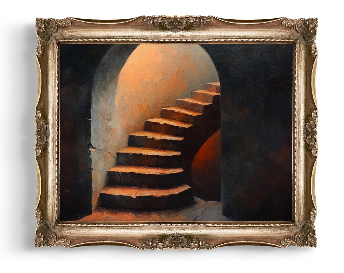 Glowing Stone Staircase Climbing Through a Dark Archway Oil Painting Poster