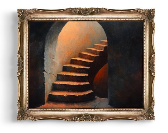 Glowing Stone Staircase Climbing Through a Dark Archway Oil Painting Poster
