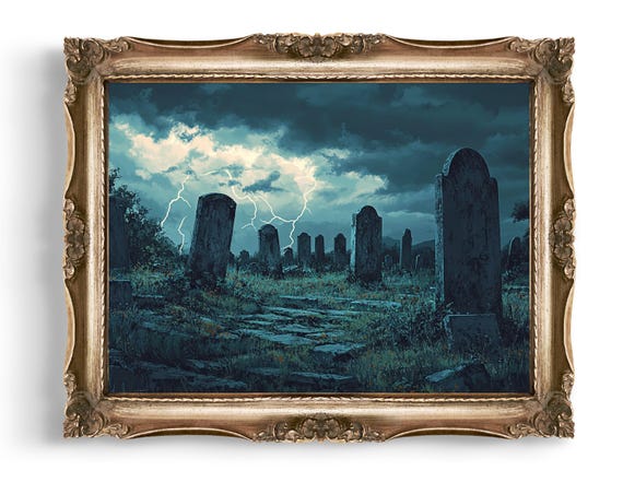 Vintage Creepy Wall Art Graveyard Lightning Print Dark Gothic Decor Spooky Home Halloween