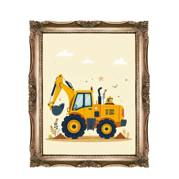 Yellow Excavator Wall Art For Kids Nursery Decor Construction Vehicle Tractor Illustration Playroom Instant