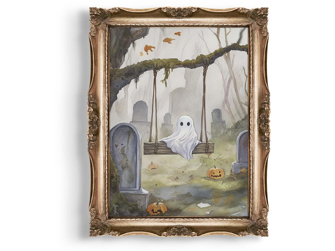 On Swing Wall Art Halloween Spooky Cute Print Graveyard Pumpkins Watercolor Illustration Instant