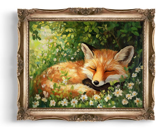Sleeping Fox Art Print Animal Floral Nursery Decor Wall Cute Lover Gift