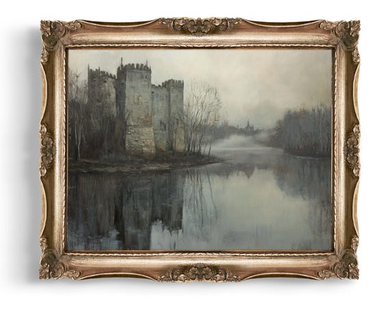 Castle Reflection Art Moody Landscape Print River Fine Old Europe Painting Home Decor